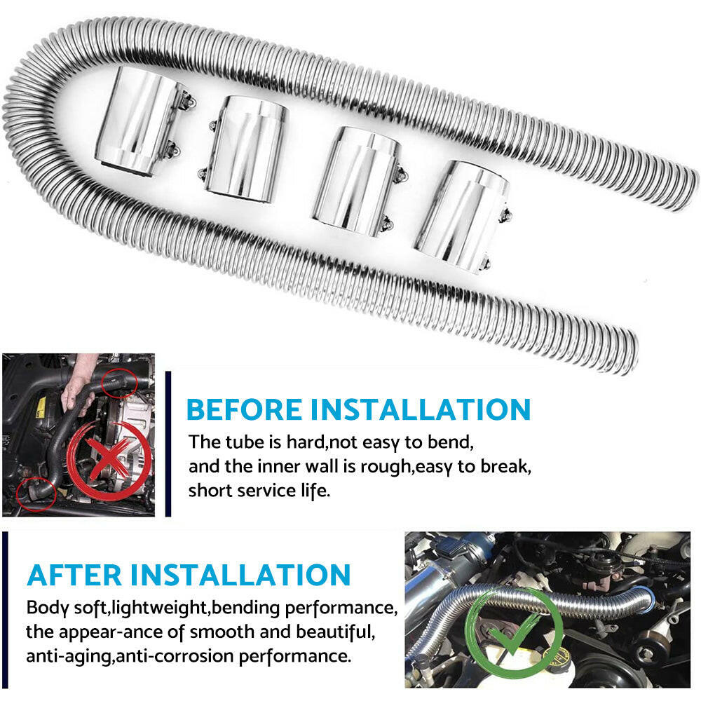 48inch Flexible Stainless Steel Radiator Hose Kit With Chrome Caps Suitable For Car Polished.