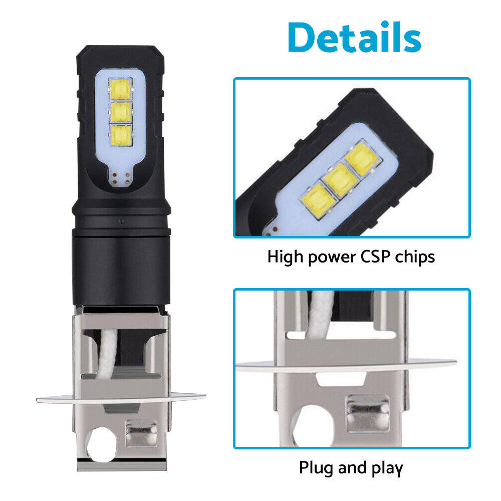 2x H3 80W 6000LM LED Headlight Bulbs White 6500K Suitable For Car Use.