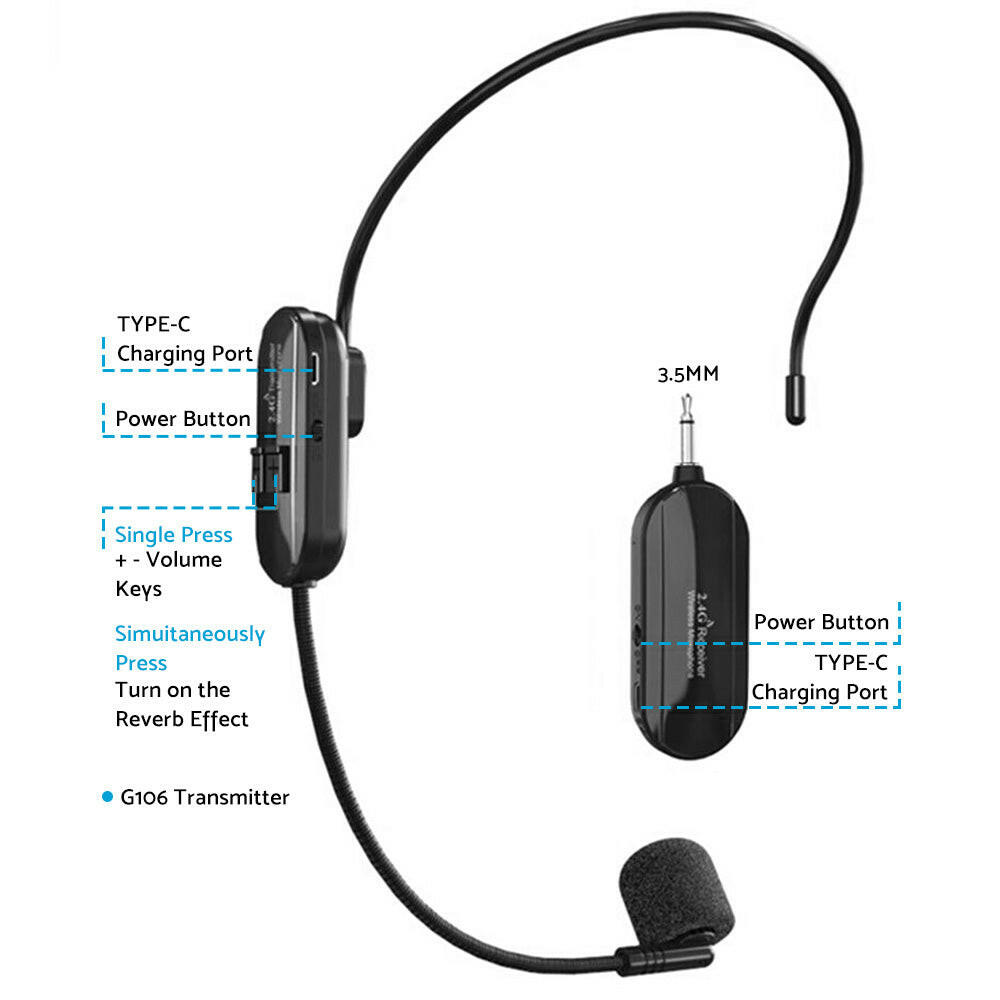 Wireless Microphone Headset 2.4G Suitable For Pro Audio Voice Teaching Outdoor Use.