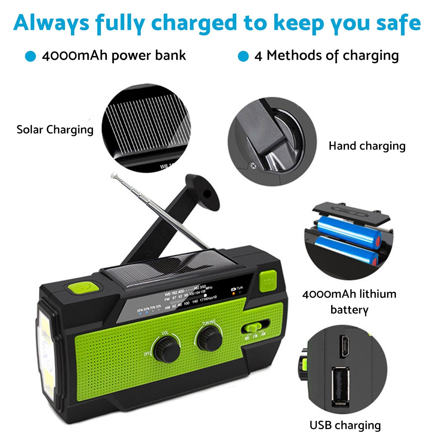4000mAh Emergency Solar Hand Crank Weather Radio Power Bank Charger Flashlight.