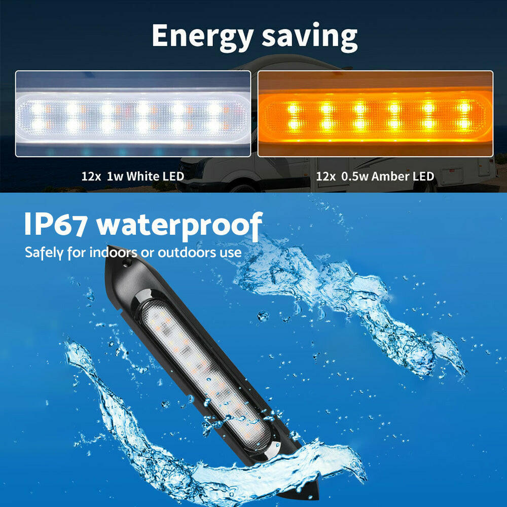 287mm Black Dual LED Bug Light 12V Awning Light with On/Off Switch Amber & White Lights.