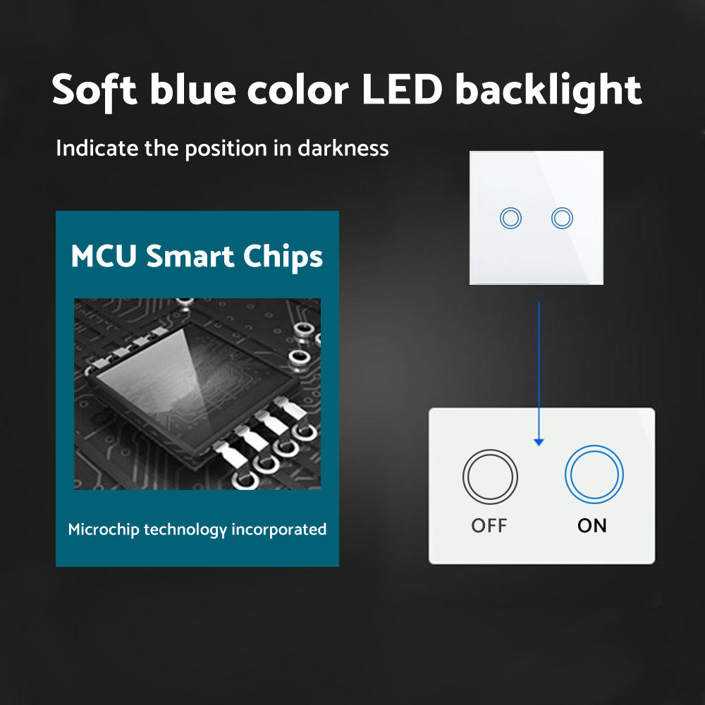 87x87mm LED Touch Wall Light Switch 2-Gang 1-Way Suitable for Home Office