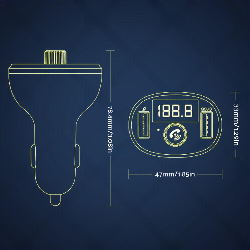 Bluetooth-5. 0 Radio Car Kit Wireless FM Transmitter Dual USB Charger MP3 Player.