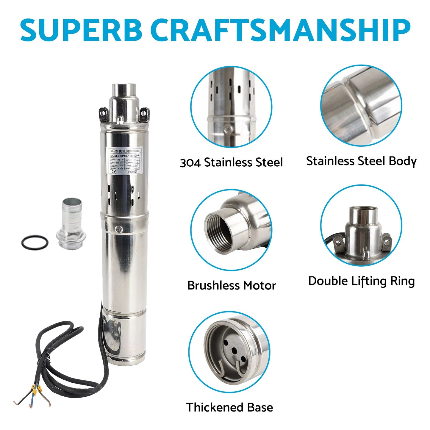 3in Deep Well Solar Bore Pump 48V 750W Submersible MPPT Screw Pump 140M.