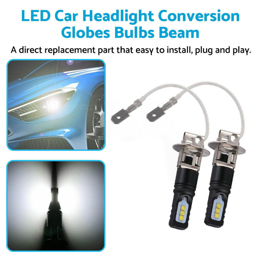 2x H3 80W 6000LM LED Headlight Bulbs White 6500K Suitable For Car Use.