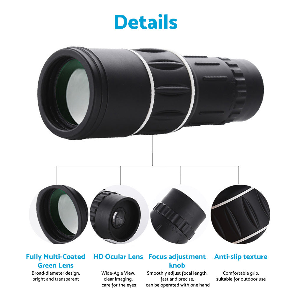 High-Powered Wide-Angle Monocular Telescope Suitable for Single-Handed Use with
