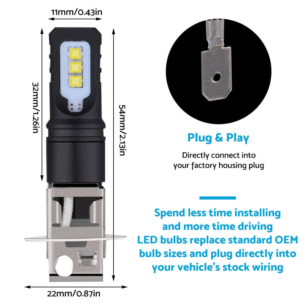 2x H3 80W 6000LM LED Headlight Bulbs White 6500K Suitable For Car Use.