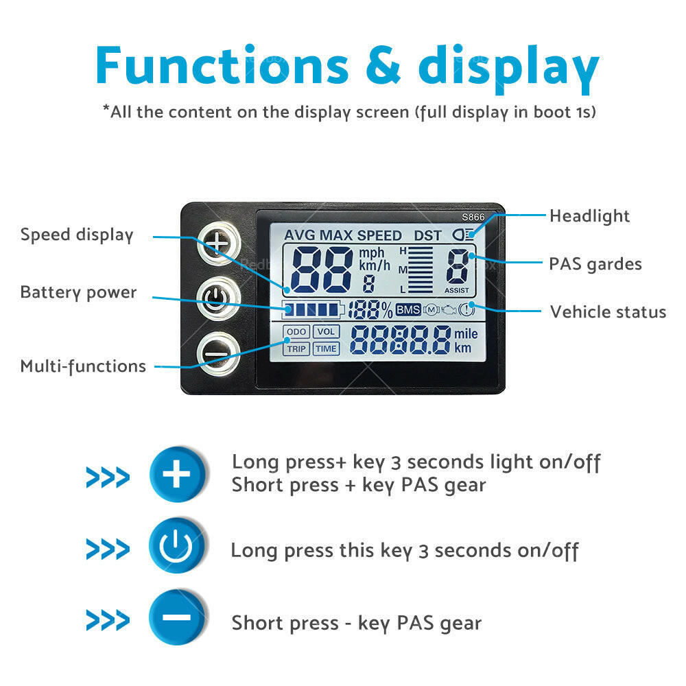 LCD Display Electric-Bike S866 24V/36V/48V Waterproof Plug For Ebike Scooter.