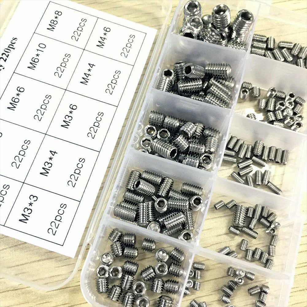 220Pcs Stainless Steel Allen Head Socket Set Grub Screws Assortment Kit.