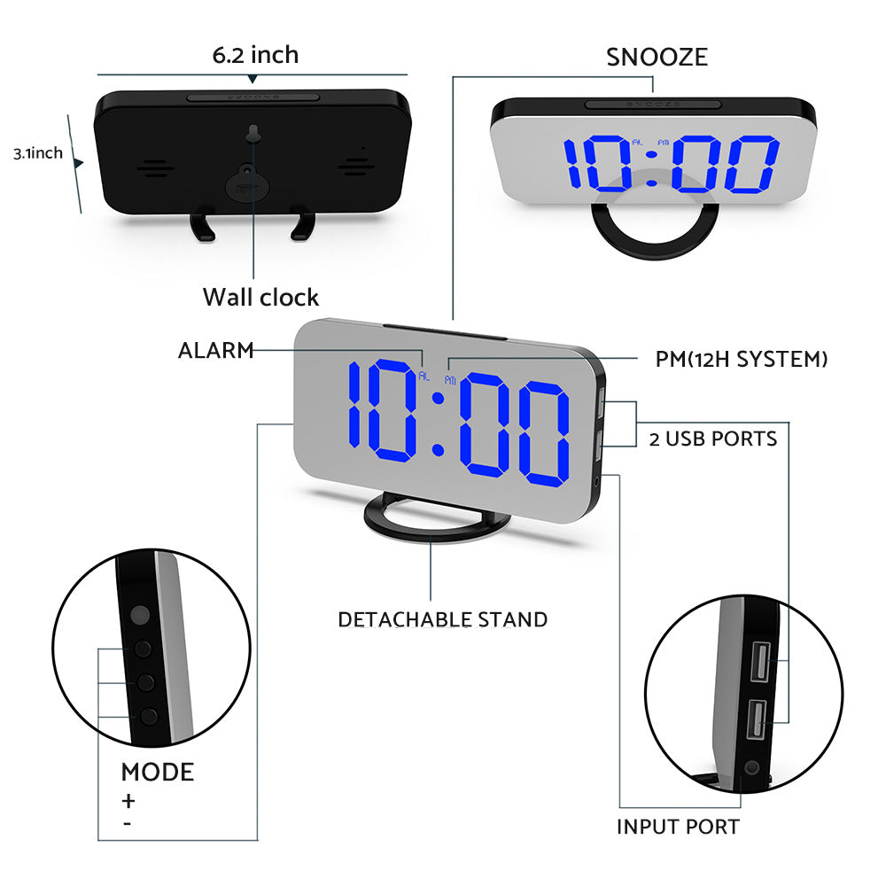 Digital Alarm Clock with Mirror LED Display Suitable For Wall & Bedroom, Snooze Function, Dim Mode.