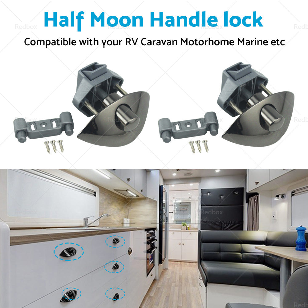 2x Zinc Alloy Half Moon Handle Push Lock Knob For Camper RV Kitchen Cabin Black.
