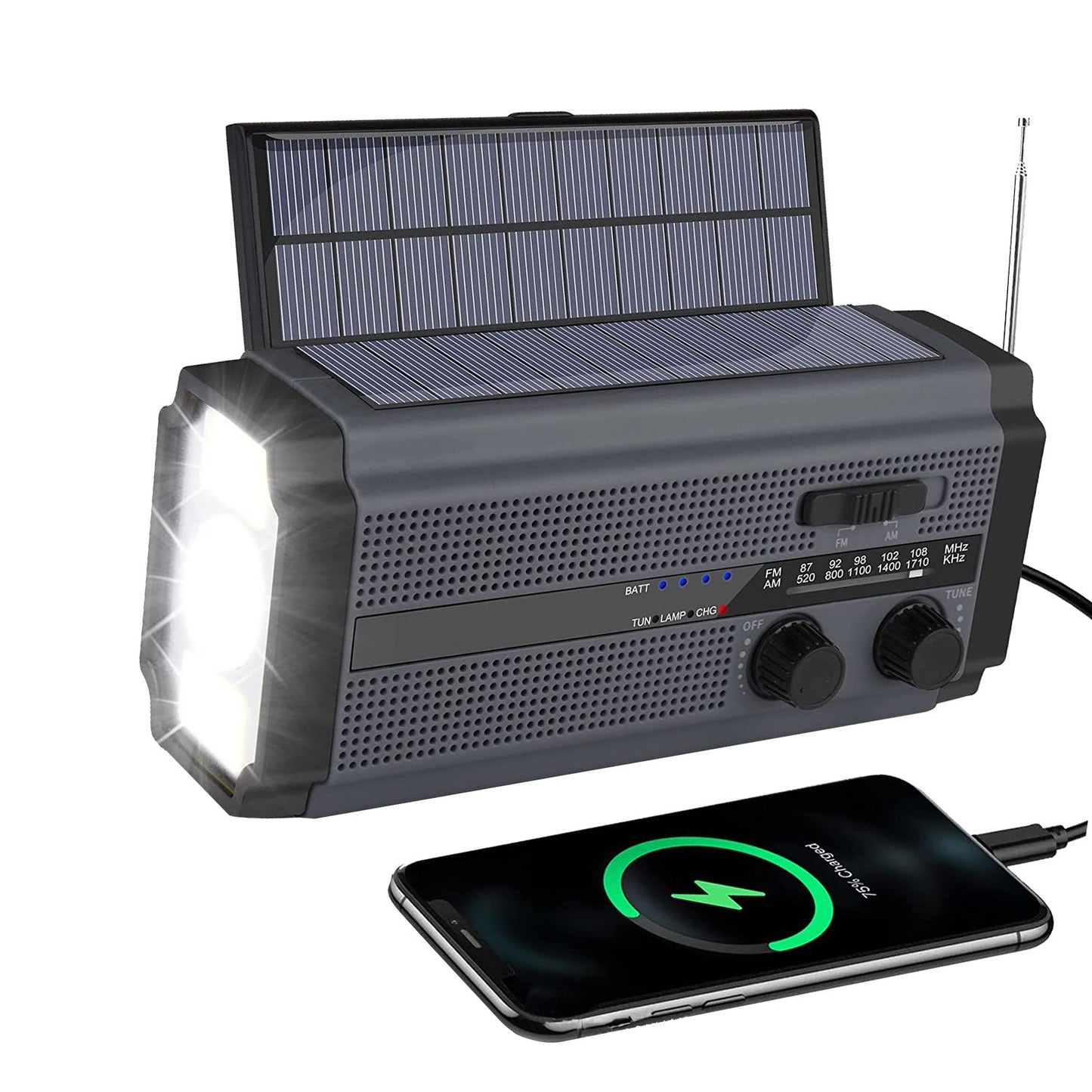 Solar Hand Crank Radio Emergency Weather 5000mAh Power Bank Flash Light Black.