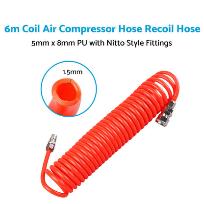6m Coil Air Compressor Hose Recoil Hose 5mm x 8mm PU with Nitto Style Fittings.