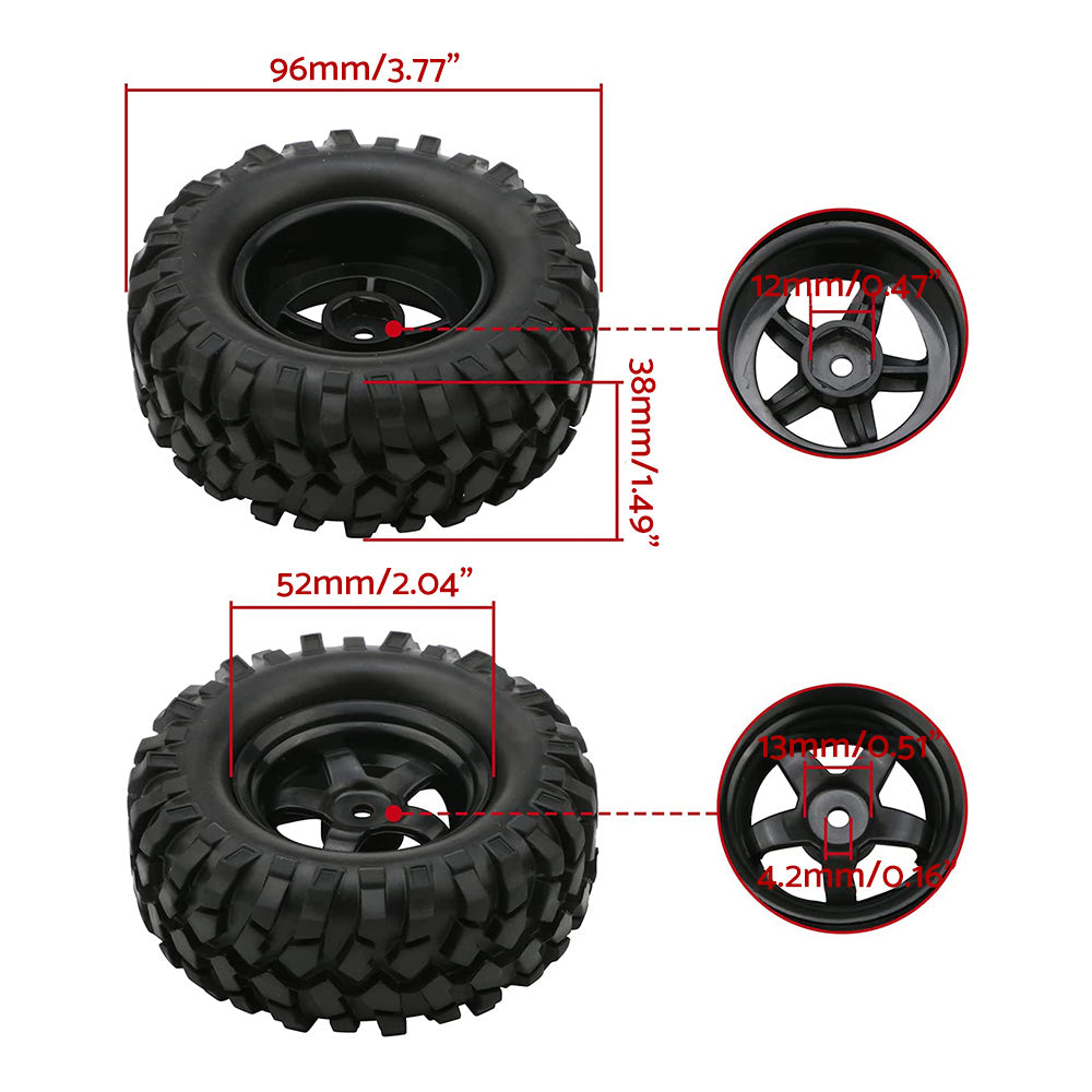 Wheels Rims Rubber Tires 12mm Hex Suitable For 1 or 10 Off-Road RC Rock Buggy Truck.