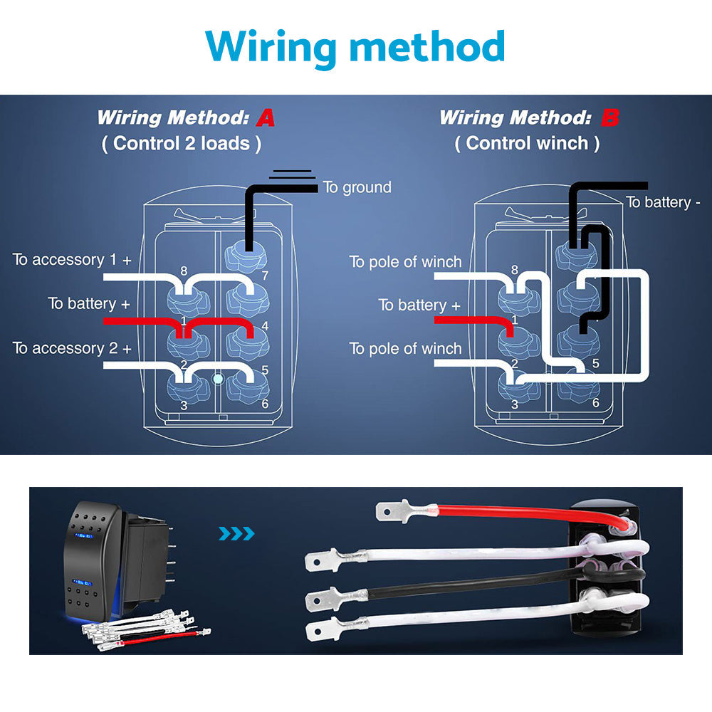 7-Pin Winch In Out Rocker Switch Blue LED Rocker Toggle Switch 12V-24V ON OFF ON.