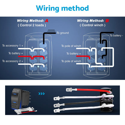 7-Pin Winch In Out Rocker Switch Blue LED Rocker Toggle Switch 12V-24V ON OFF ON.
