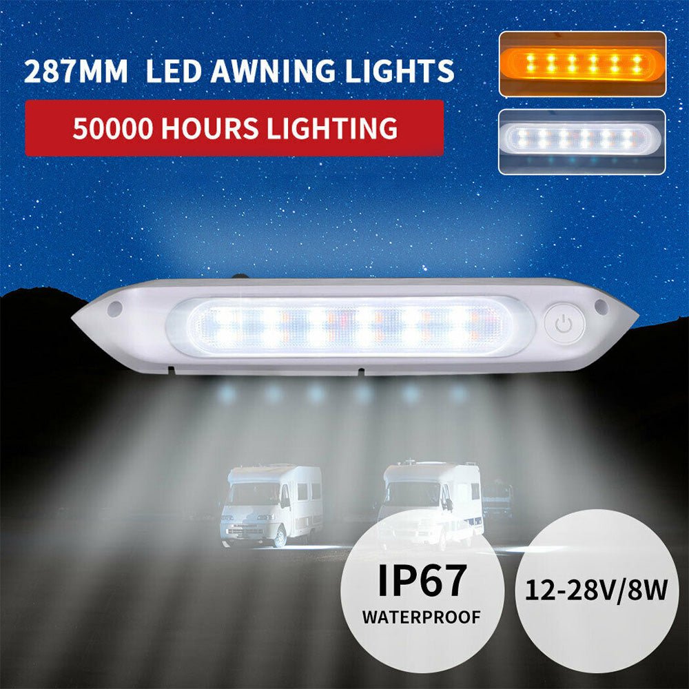 287MM DUAL LED BUG LIGHT 12/24V AWNING LIGHT AMBER/WHITE LIGHTS W/ SWITCH.