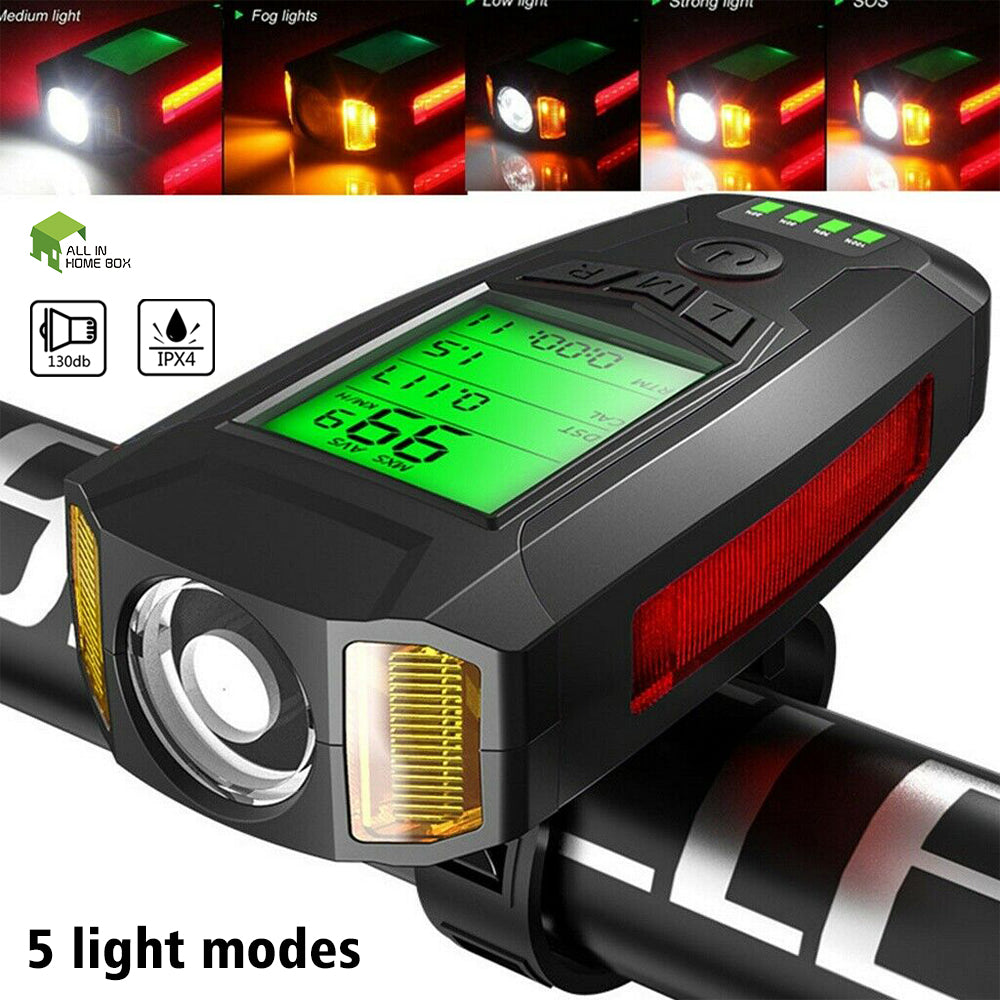 USB Rechargeable LED Bicycle Headlight With Horn and Speedometer Suitable For Bike Front.