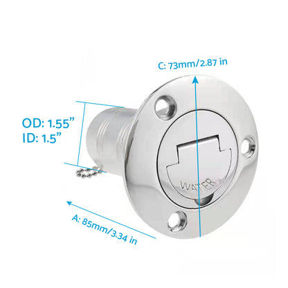 Keyless Water Deck Fill/Filler 1.5 inch  Polished 316 Stainless Steel Suitable For Marine Boat