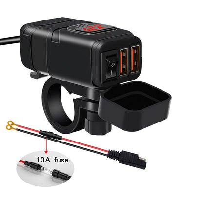 Dual USB Port Motorcycle Fast Charger Socket Suitable For Motorcycles – With LED Voltmeter Display & ON/OFF Switch