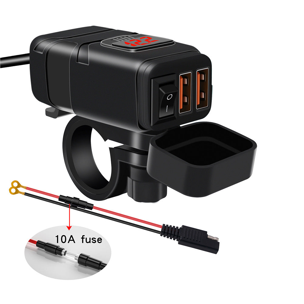 Dual USB Port Motorcycle Fast Charger Socket Suitable For Motorcycles – With LED Voltmeter Display & ON/OFF Switch