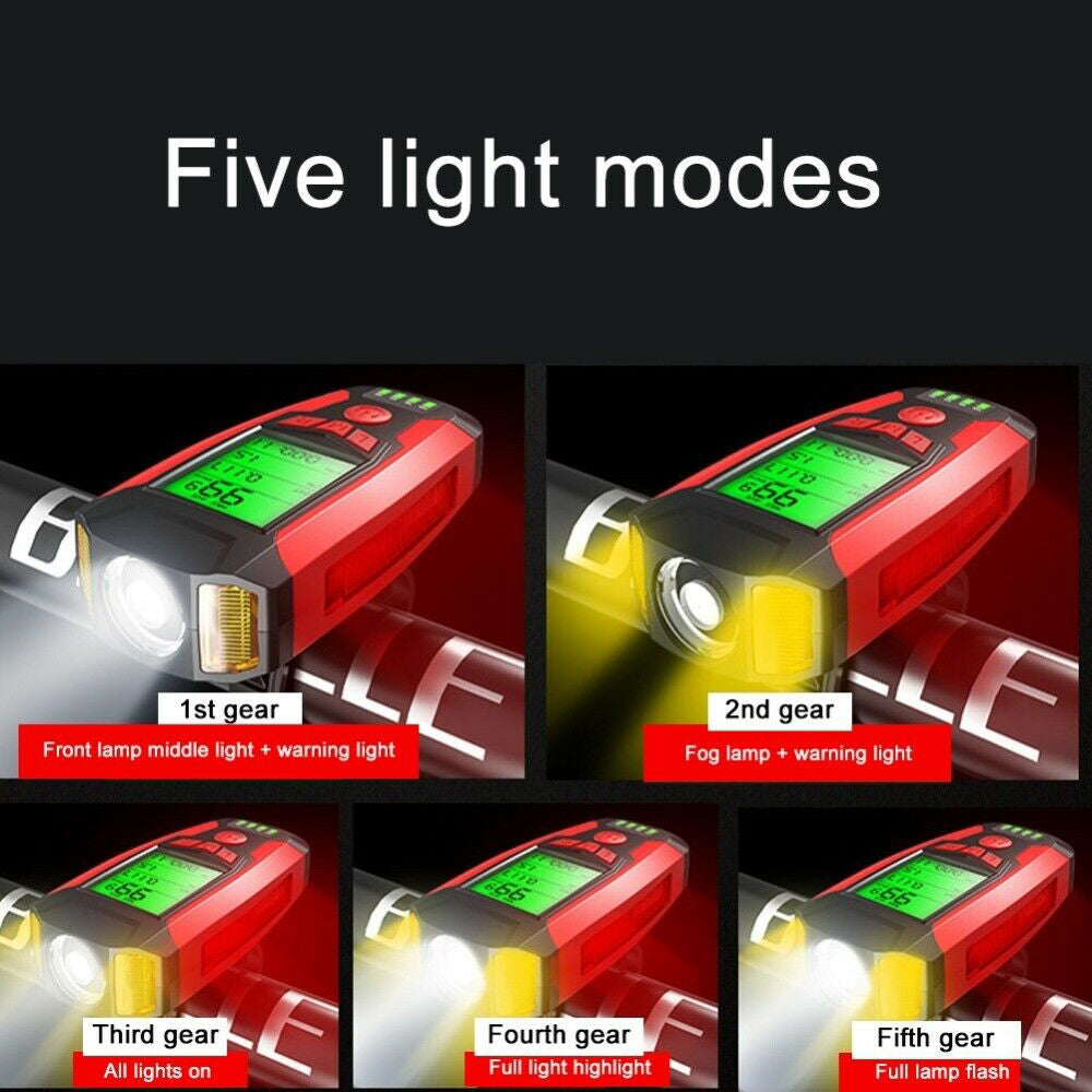 USB Rechargeable LED Bicycle Headlight With Horn and Speedometer Suitable For Bike Front.