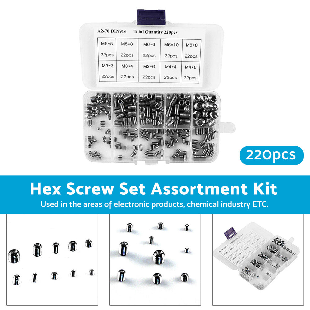 220Pcs Stainless Steel Allen Head Socket Set Grub Screws Assortment Kit.