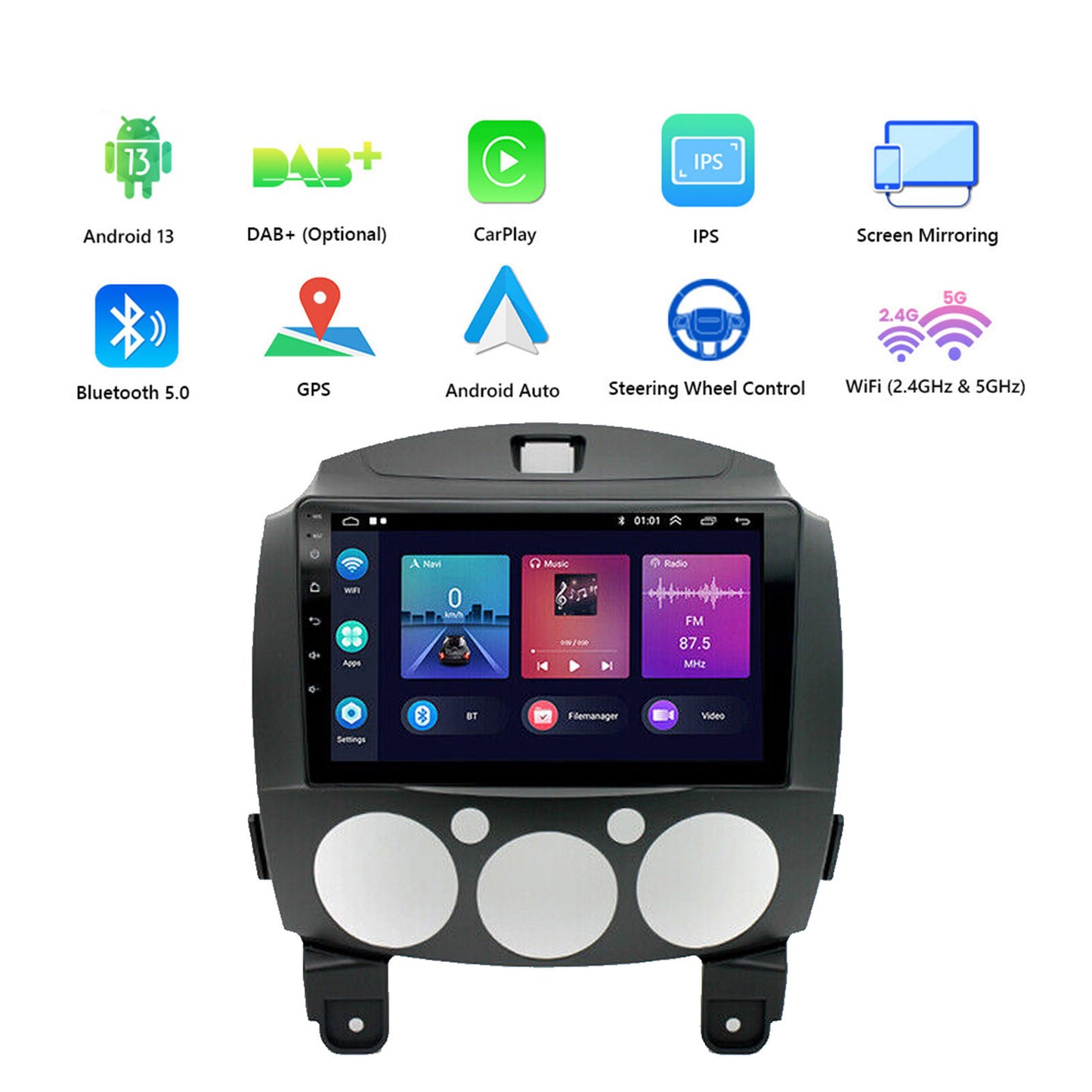 Android 13 Head Unit 9'' Apple CarPlay Bluetooth Suitable for Mazda 2