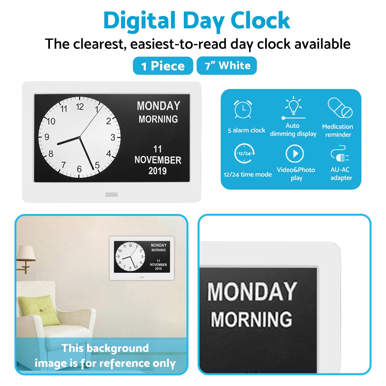 LED Large Digital Day Clock 7  Calendar Dementia Date Week Month Year Time Wall.
