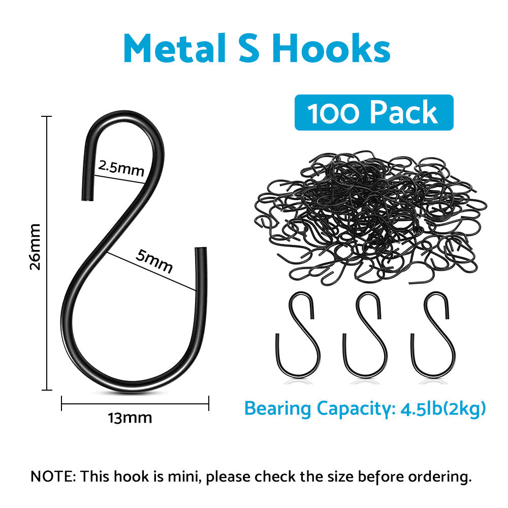 S Shaped Hooks Small Metal for Hanging Plants Mini Ornament Hooks Black Hangers.