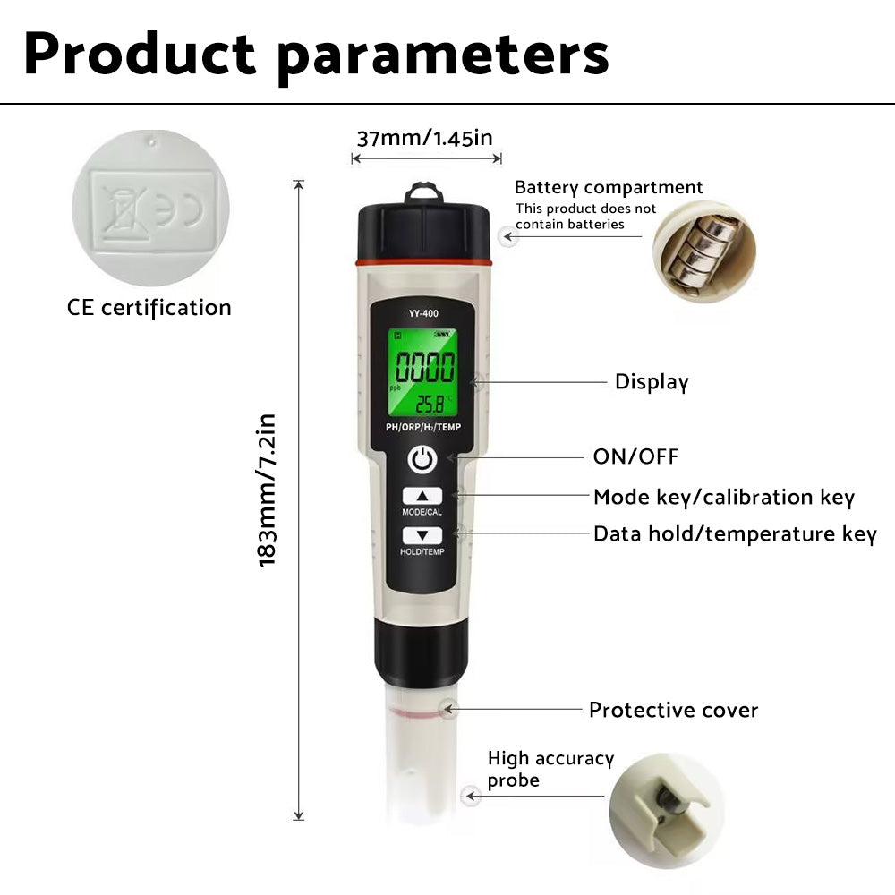 Portable 4 In 1 Hydrogen-Rich Test Pen PH ORP TEMP Water Quality Meter Tester.