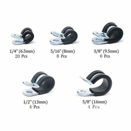 42pcs Rubber Lined Steel P Clips - Brake Pipe Tube Cable Wire Mounting Bracket.