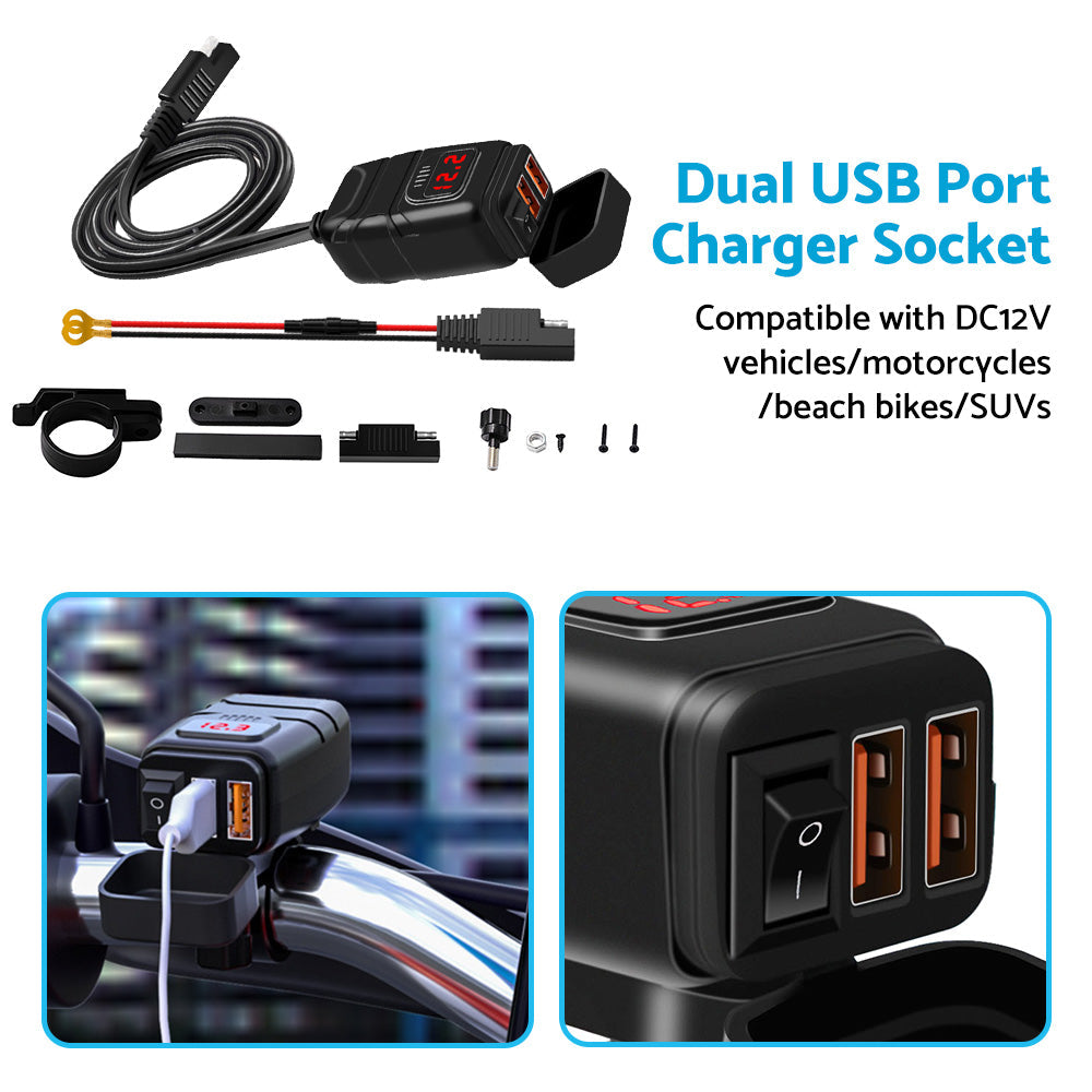 Dual USB Port Motorcycle Fast Charger Socket Suitable For Motorcycles – With LED Voltmeter Display & ON/OFF Switch