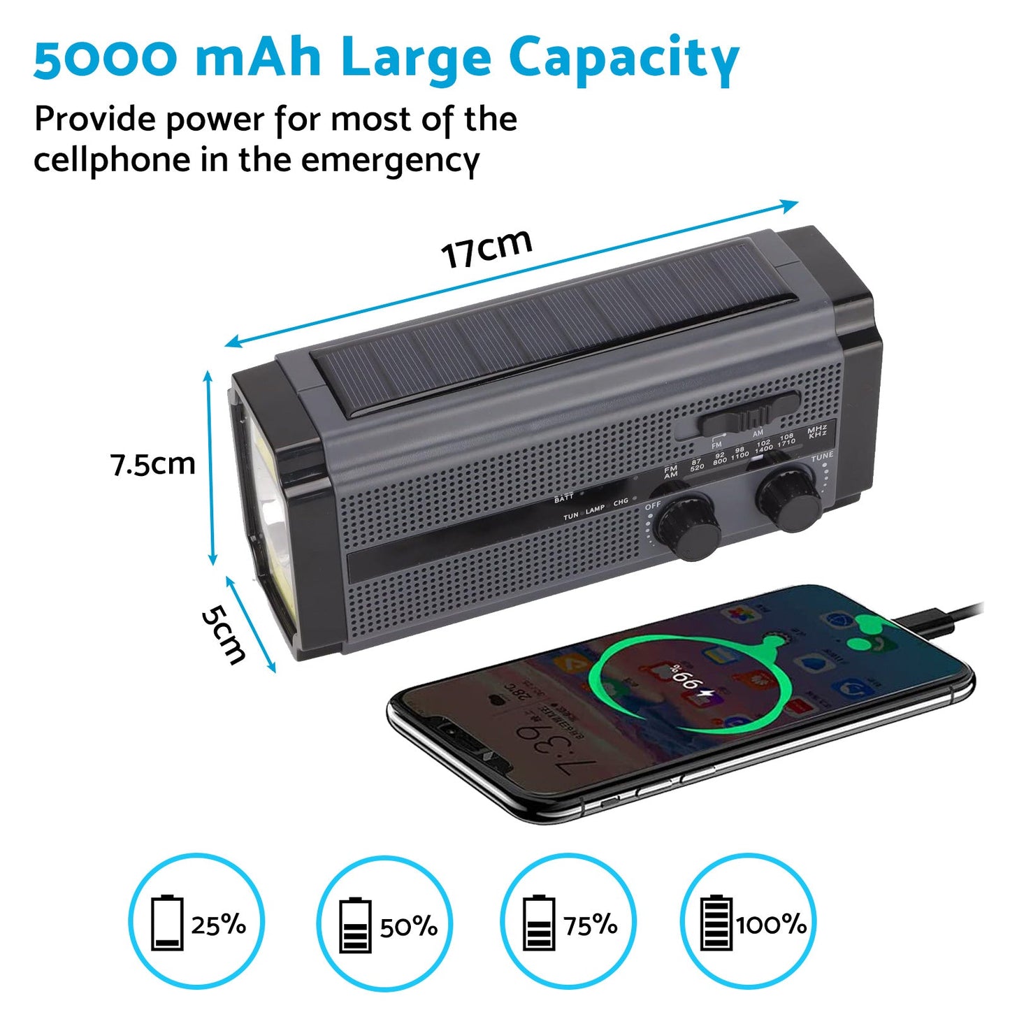 Solar Hand Crank Radio Emergency Weather 5000mAh Power Bank Flash Light Black.