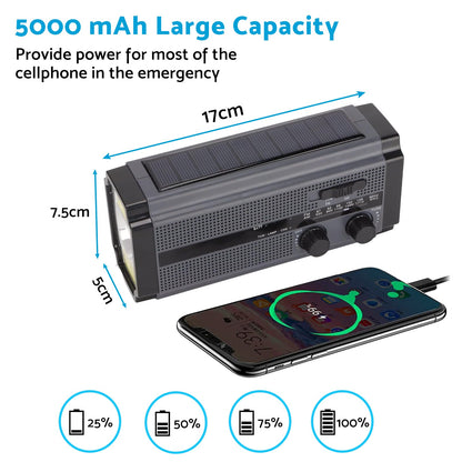 Solar Hand Crank Radio Emergency Weather 5000mAh Power Bank Flash Light Black.