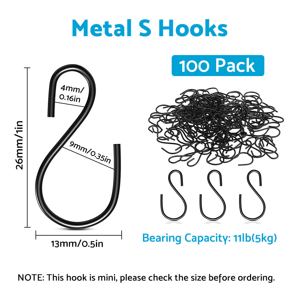 S Shaped Hooks Small Metal for Hanging Plants Mini Ornament Hooks Black Hangers.