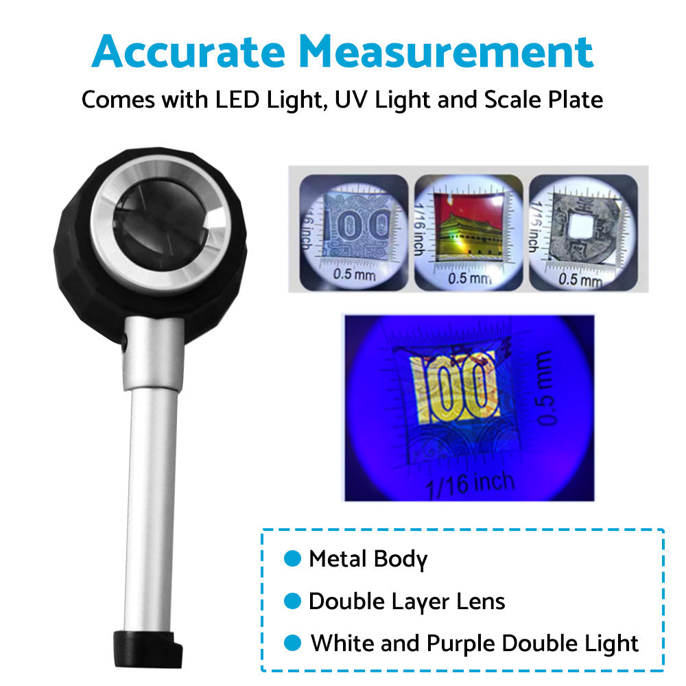 Hand Held 45x Magnifying Glass Jewellery Magnifier Loupe with Scale 3 Led Lights.
