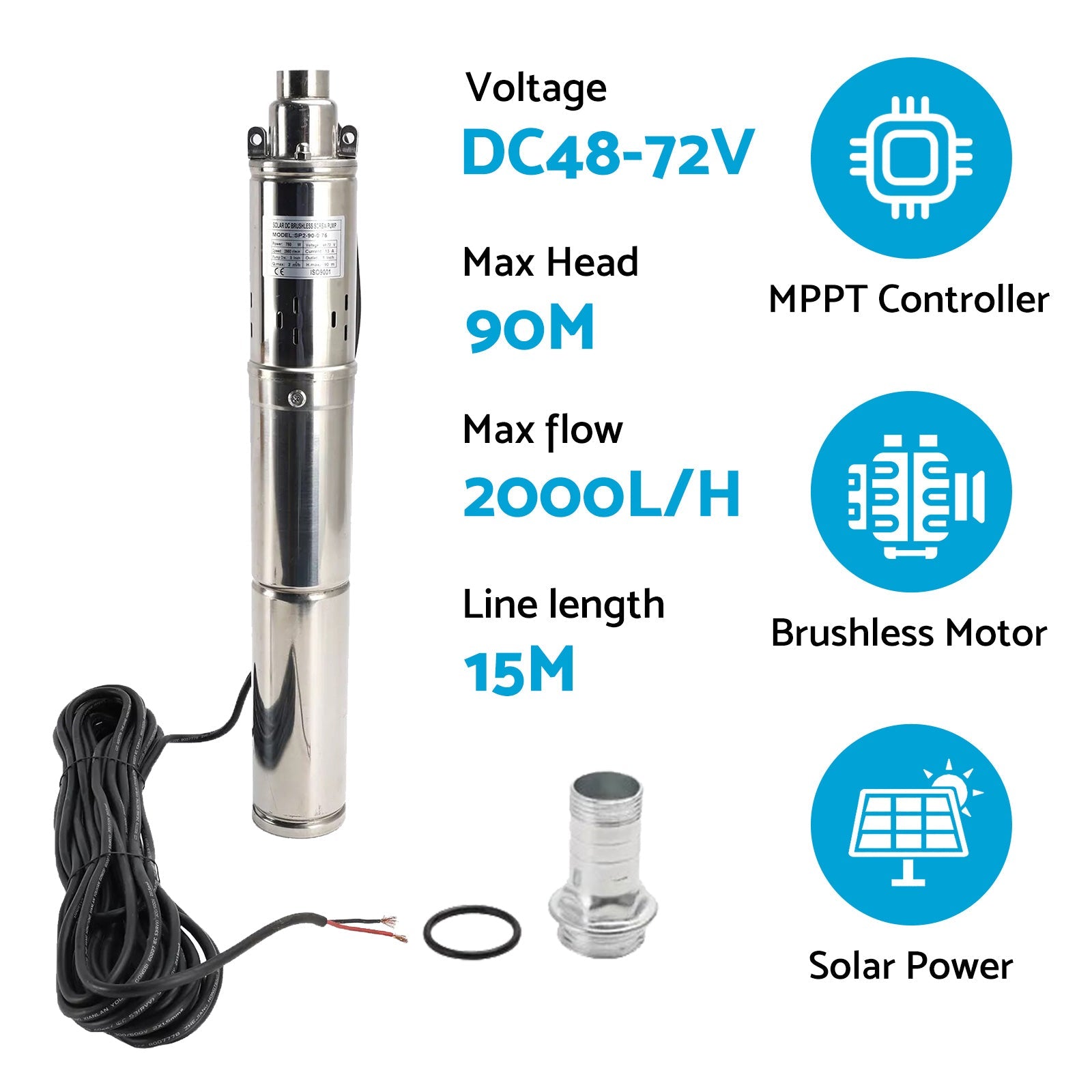3in 48V 750W Deep Well Solar Submersible Bore Hole Water Pump With 15M Line.