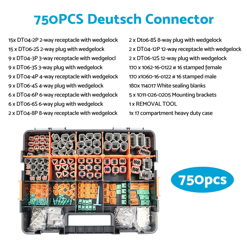 750pcs Deutsch DT Connector Kit 2 3 4 6 8 12 Pin With Stamped Contacts Male Female Suitable For Universal Automotive Use