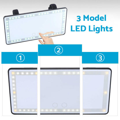Sun Visor Makeup Cosmetic Mirror Set with 3-Type 60 LED Light 26x13cm Black Suitable For Universal Cars.
