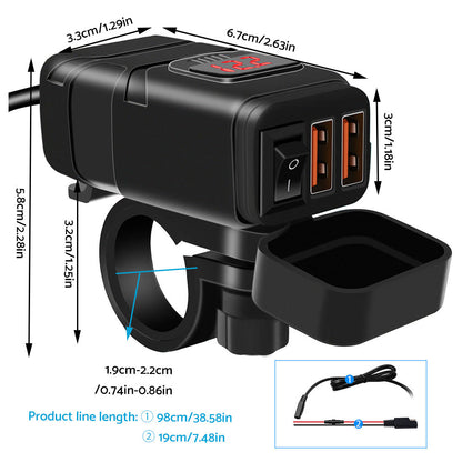 Dual USB Port Motorcycle Fast Charger Socket Suitable For Motorcycles – With LED Voltmeter Display & ON/OFF Switch