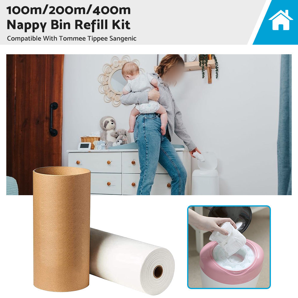 100/200/400m Nappy Bin Refill Kit Compatible With Tommee Tippee Sangenic Refills.