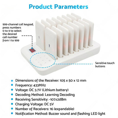 16-Channel Wireless Restaurant Pager System Suitable For Guest Calling & Queuing ¡§C AU.