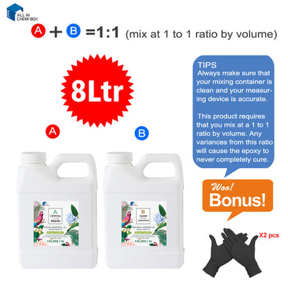 8L Epoxy Resin 1:1 AB Kit Suitable For Art DIY UV Crafts Glass & Water Clear Coating