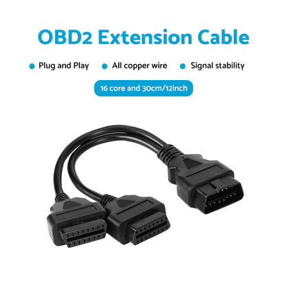OBD2 16 Pin Splitter Extension Cable Male to Dual Female Y Lead 12 inch / 30 cm
