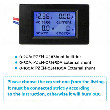 DC 6. 5~100V 20-50-100A LCD Digital Combo Panel Display Volt Amp Power Watt Meter.