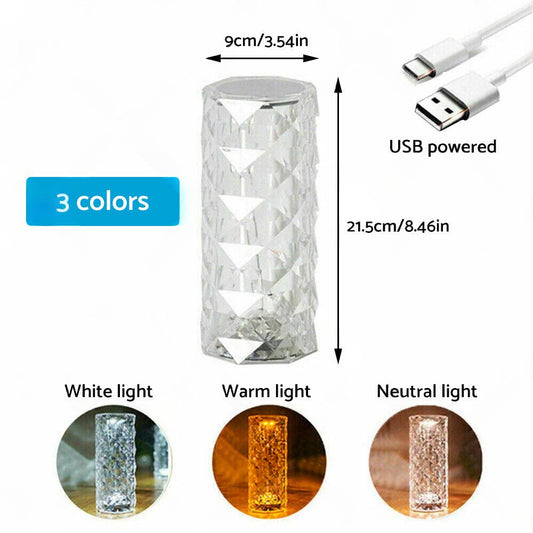 Crystal Table Lamp With Rose Diamond Touch LED Light Suitable For Universal Use, 3 or 16 Color, USB Powered.