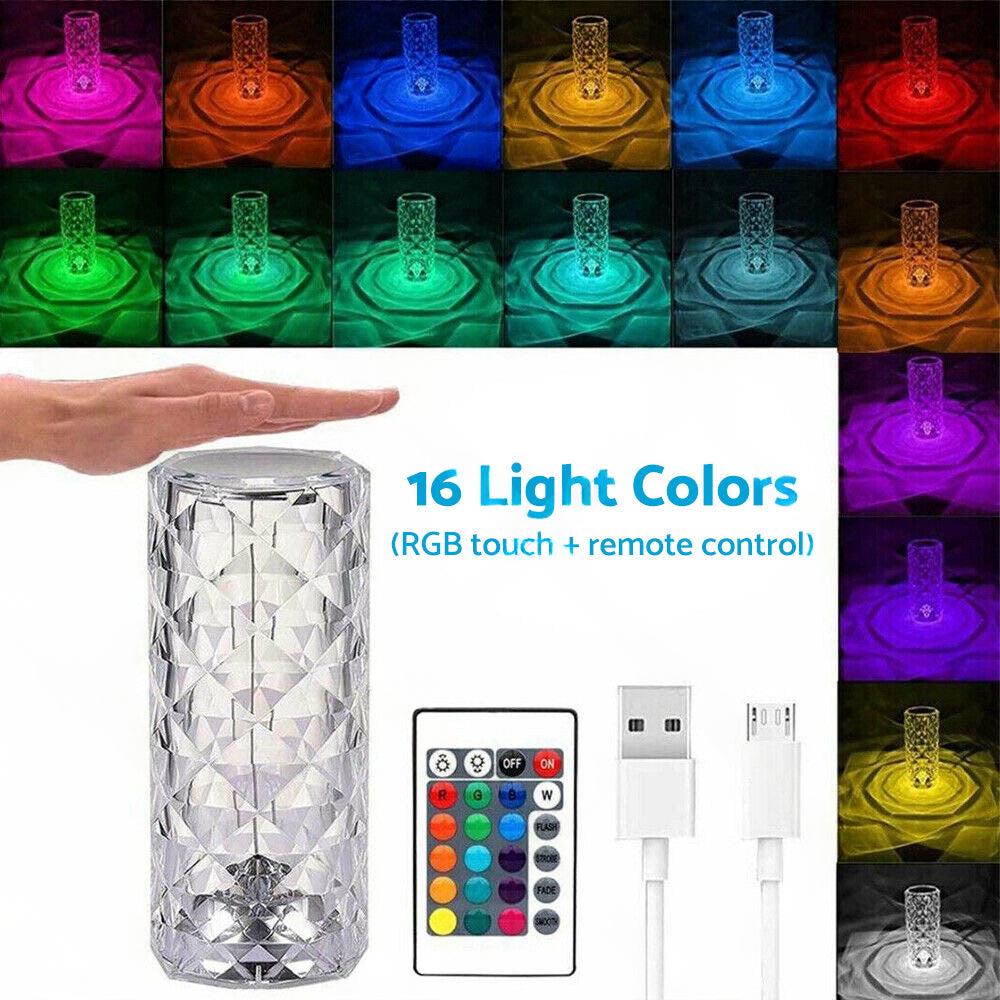 Crystal Table Lamp With Rose Diamond Touch LED Light Suitable For Universal Use, 3 or 16 Color, USB Powered.