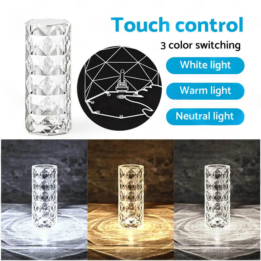 Crystal Table Lamp With Rose Diamond Touch LED Light Suitable For Universal Use, 3 or 16 Color, USB Powered.