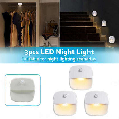 3 PCS Cordless Battery-Powered LED Night Light Motion Sensor Light-Warm White.